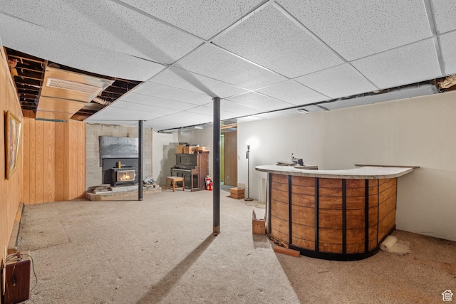1745 Old Ranch Rd, Park City, UT 84098 - finished below grade area with carpet floors, bar area, a paneled ceiling, and a wood stove