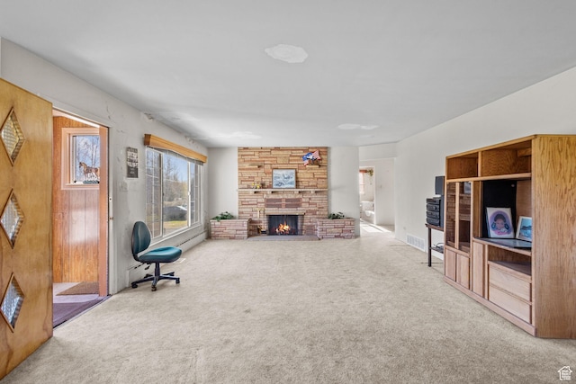 1745 Old Ranch Rd, Park City, UT 84098 - carpeted living area featuring visible vents and a fireplace