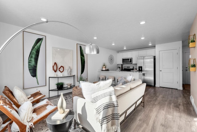 living room with recessed lighting and wood finished floors