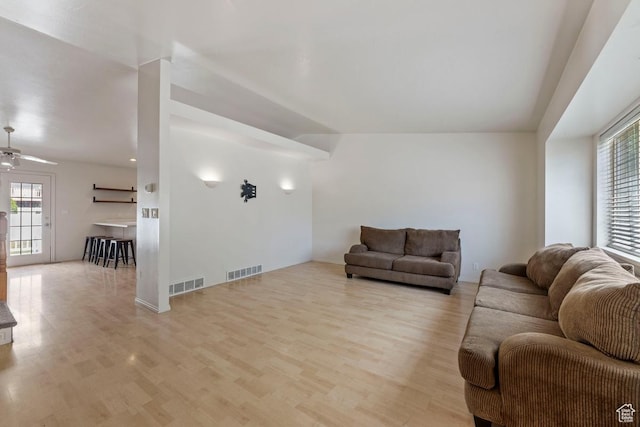 10046 N Sage Rd W, Cedar Hills, UT 84062 - living room with a ceiling fan, visible vents, and wood finished floors