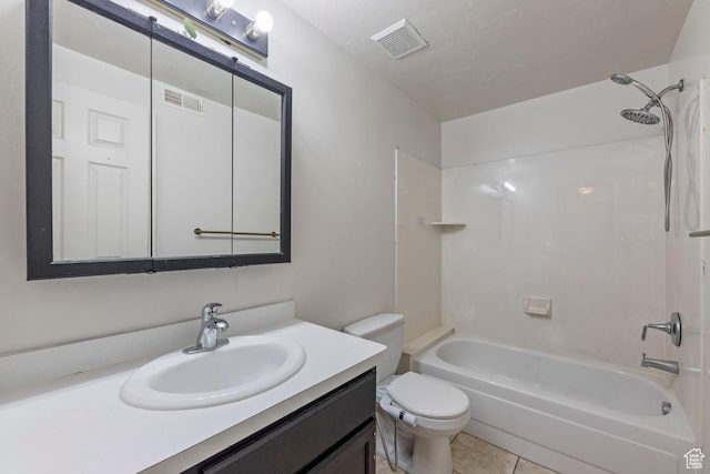 10046 N Sage Rd W, Cedar Hills, UT 84062 - bathroom featuring shower / bathing tub combination, visible vents, vanity, tile patterned floors, and toilet