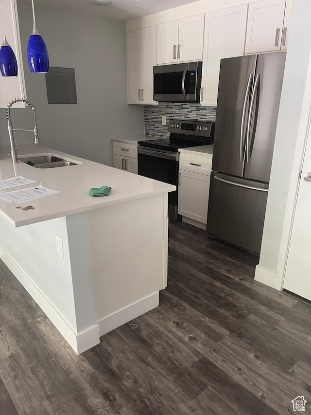 1206 E Waterside Cv Unit 21, Cottonwood Heights, UT 84047 - kitchen with a sink, stainless steel appliances, tasteful backsplash, dark wood-style floors, and electric panel