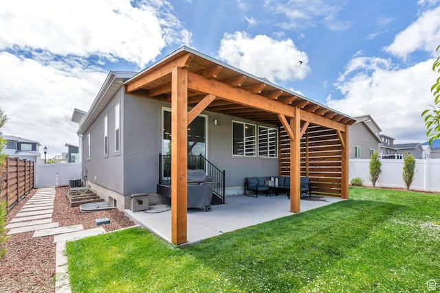 6294 W 7830 S, West Jordan, UT 84081 - rear view of house featuring central AC, stucco siding, a fenced backyard, a patio area, and a lawn