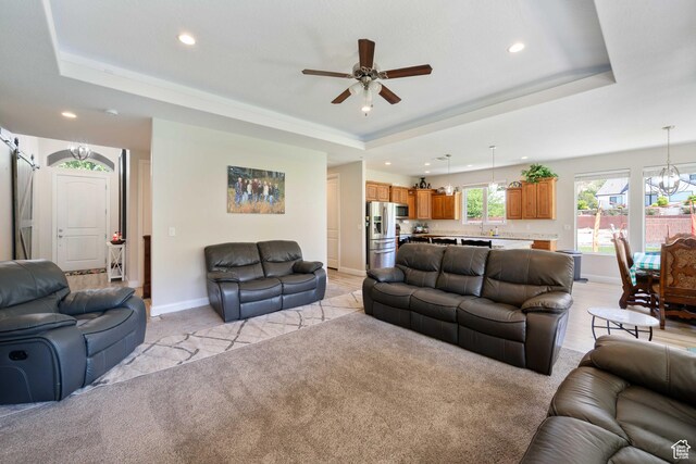 57 W 180 S, La Verkin, UT 84745 - living room with a raised ceiling, baseboards, ceiling fan with notable chandelier, and recessed lighting