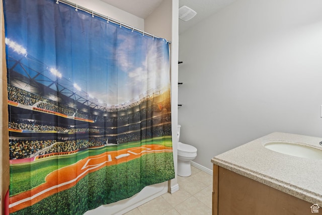 bathroom featuring a shower with curtain, tile patterned flooring, baseboards, vanity, and toilet