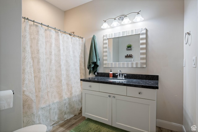 bathroom featuring vanity, a shower with shower curtain, and wood finished floors