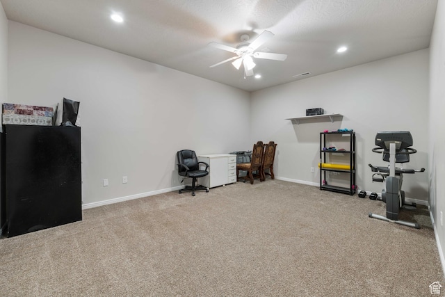 exercise room featuring ceiling fan, carpet, recessed lighting, baseboards, and visible vents