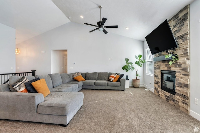 289 W Lauren N, Tooele, UT 84074 - carpeted living area with recessed lighting, a ceiling fan, lofted ceiling, and a fireplace