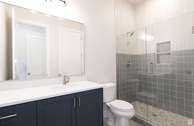 bathroom featuring vanity, toilet, and a stall shower