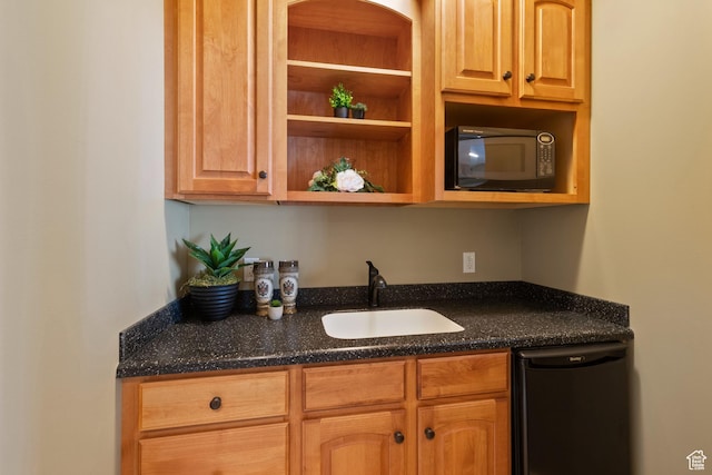 bar with a sink and black microwave