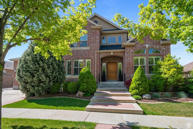 traditional-style house featuring brick siding