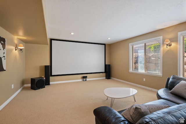 home theater with baseboards, carpet flooring, and recessed lighting