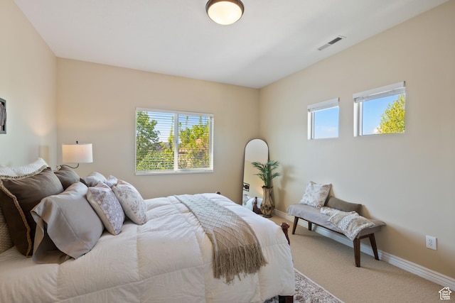 bedroom with carpet flooring, visible vents, and baseboards