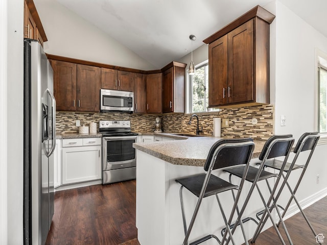 7123 S Watermill Way, Cottonwood Heights, UT 84121 - kitchen featuring dark wood-style flooring, a peninsula, lofted ceiling, a sink, and stainless steel appliances