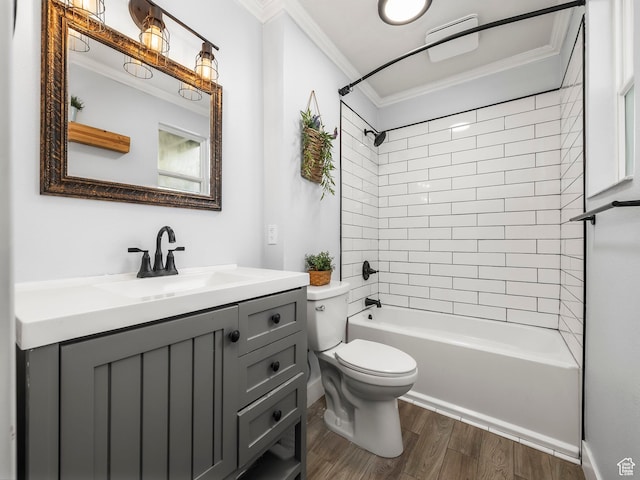 7123 S Watermill Way, Cottonwood Heights, UT 84121 - full bathroom with vanity, ornamental molding, tub / shower combination, wood finished floors, and toilet