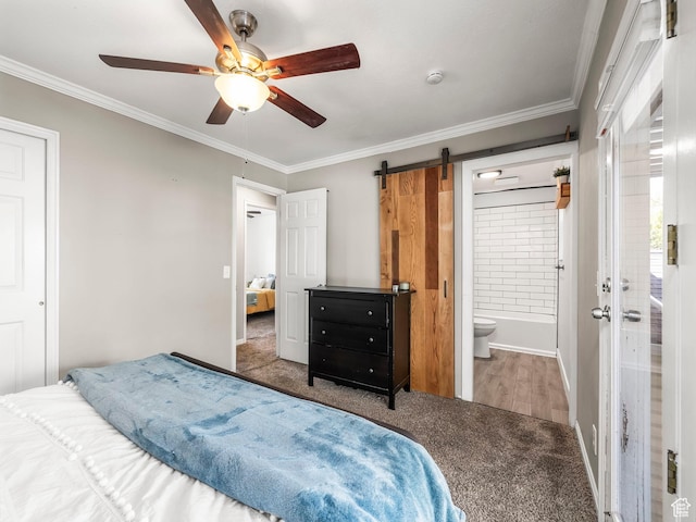 7123 S Watermill Way, Cottonwood Heights, UT 84121 - bedroom with crown molding, a barn door, carpet, and ensuite bathroom