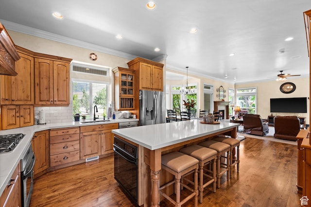 kitchen with a sink, a kitchen island, stainless steel appliances, and a wealth of natural light