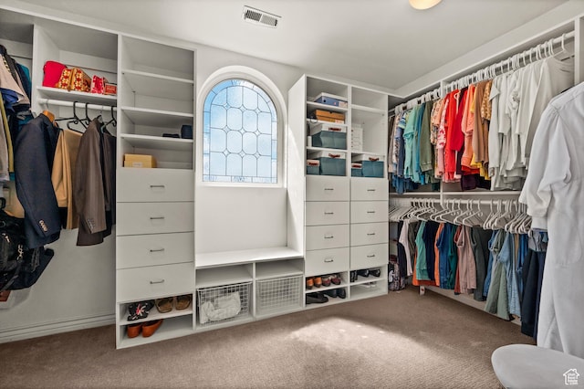 walk in closet featuring visible vents and carpet