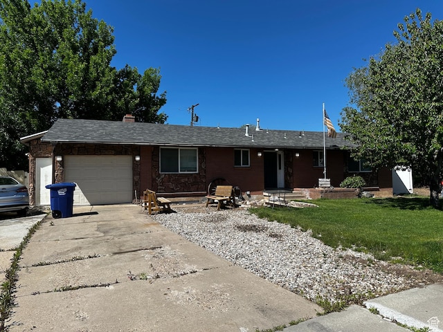 5160 S 200 E, Washington Terrace, UT 84405 - ranch-style house featuring an attached garage, driveway, a front lawn, stone siding, and a chimney