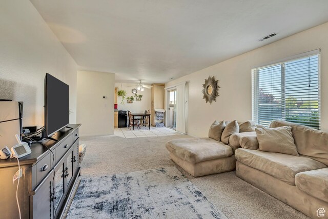 290 N 500 W Unit 108, Bountiful, UT 84010 - living room featuring light carpet, a ceiling fan, and visible vents