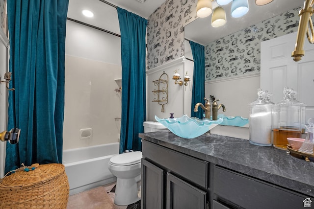 5472 W Aristada Ave S, West Jordan, UT 84081 - full bath featuring vanity, wainscoting, toilet, shower / bathtub combination with curtain, and wallpapered walls