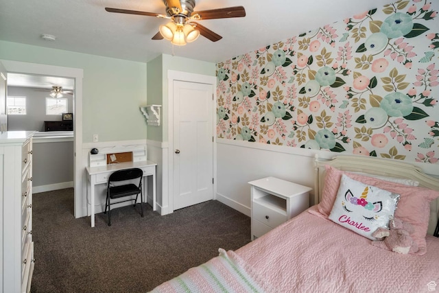 4126 E Cherokee, Eagle Mountain, UT 84005 - bedroom with ceiling fan, wainscoting, and dark colored carpet