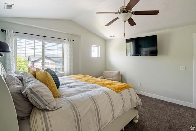 4126 E Cherokee, Eagle Mountain, UT 84005 - bedroom featuring ceiling fan, visible vents, baseboards, lofted ceiling, and carpet flooring