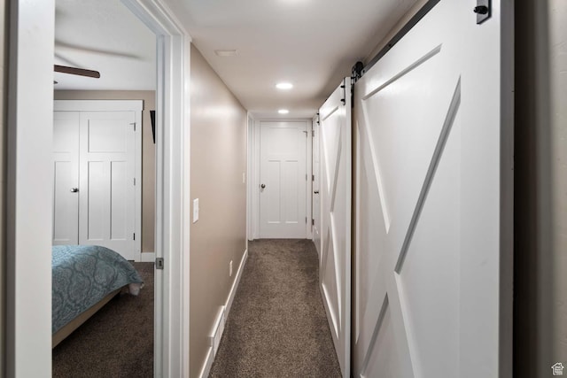 4126 E Cherokee, Eagle Mountain, UT 84005 - hall with carpet flooring, recessed lighting, baseboards, and a barn door