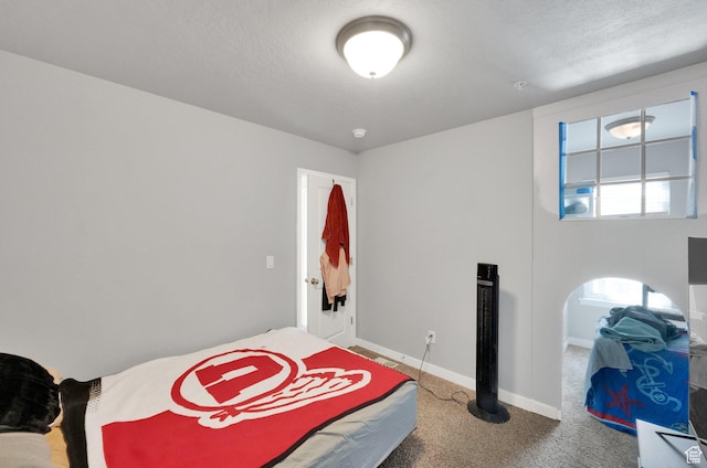 bedroom featuring carpet floors, a textured ceiling, and baseboards