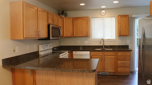 kitchen with dark wood-style flooring, a peninsula, dark stone counters, a sink, and stainless steel appliances