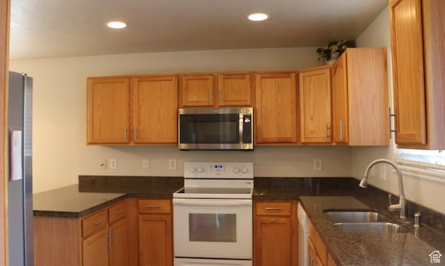 kitchen featuring recessed lighting, a sink, dark stone countertops, and appliances with stainless steel finishes