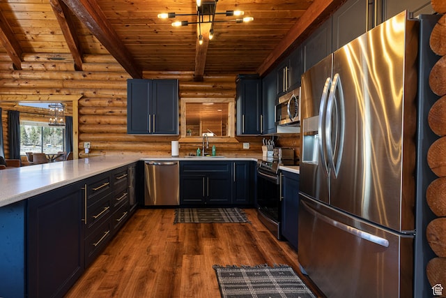kitchen with appliances with stainless steel finishes, a sink, beam ceiling, rustic walls, and wood ceiling