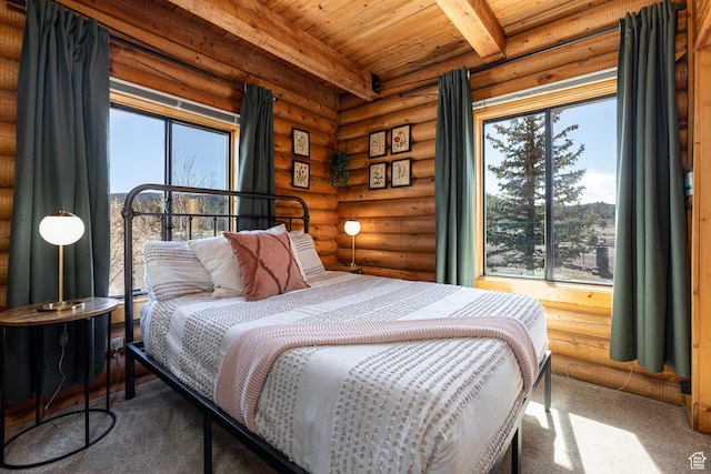 carpeted bedroom featuring rustic walls, wooden ceiling, and beamed ceiling
