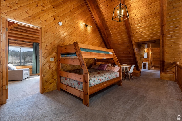 bedroom featuring lofted ceiling with beams, carpet, wooden walls, and wooden ceiling