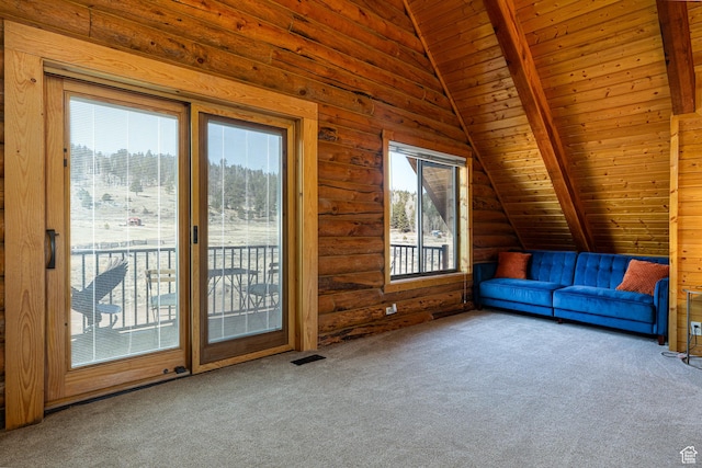 carpeted living area with visible vents, wood ceiling, and lofted ceiling