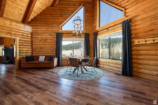 dining room with wood ceiling, high vaulted ceiling, rustic walls, beamed ceiling, and a notable chandelier