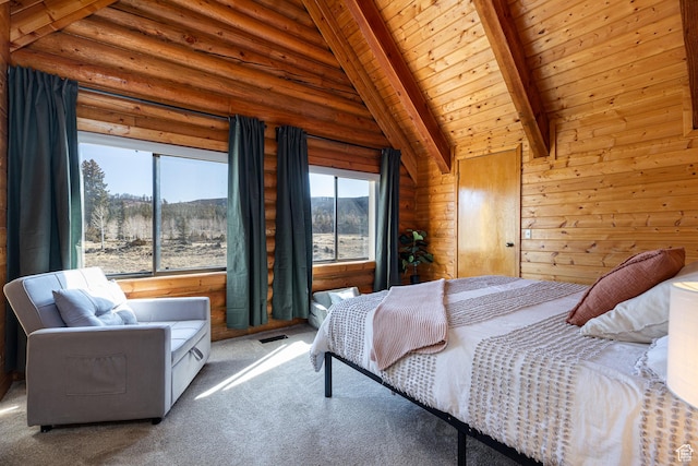 bedroom with rustic walls, carpet, wooden ceiling, beamed ceiling, and visible vents
