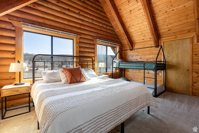 bedroom featuring log walls, carpet flooring, wood ceiling, and vaulted ceiling with beams