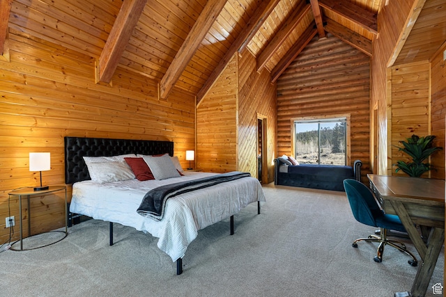 carpeted bedroom featuring wood ceiling, beam ceiling, and high vaulted ceiling