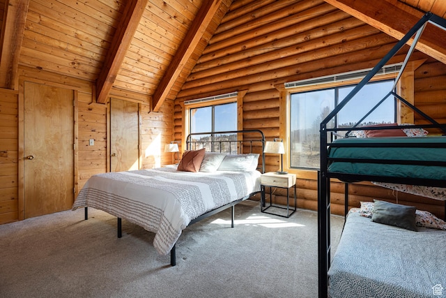 carpeted bedroom with wood ceiling, high vaulted ceiling, log walls, and beam ceiling