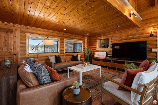 living room featuring wood ceiling, rustic walls, rail lighting, and wood finished floors