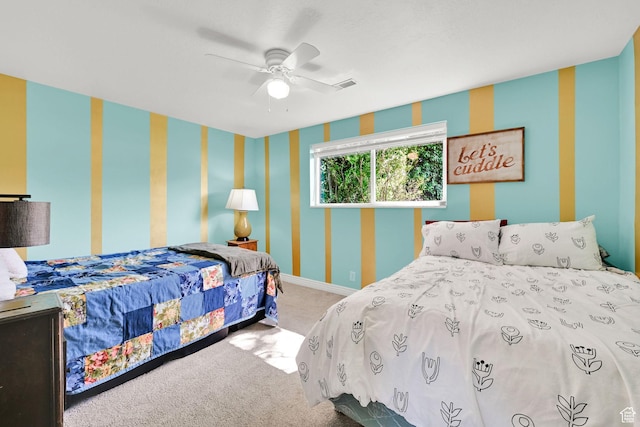 507 N 200 W, Brigham City, UT 84302 - bedroom featuring ceiling fan, visible vents, baseboards, carpet flooring, and wallpapered walls