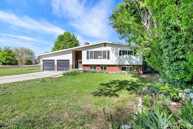 507 N 200 W, Brigham City, UT 84302 - view of front of home featuring concrete driveway, an attached garage, a chimney, and a front lawn