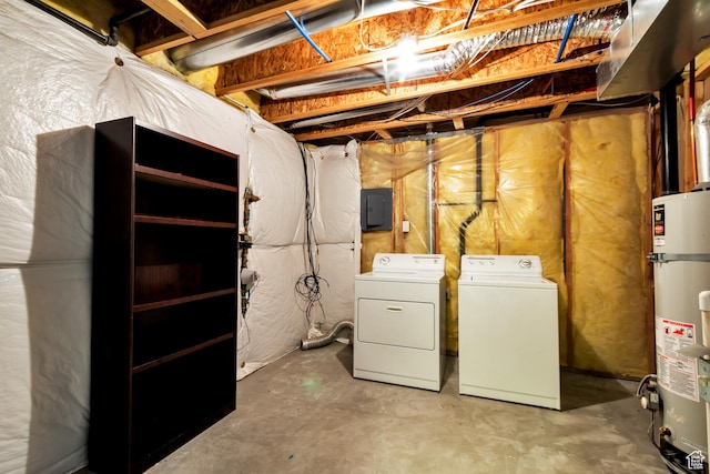 unfinished basement featuring water heater, electric panel, and washing machine and clothes dryer