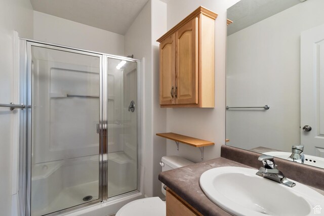 bathroom featuring vanity, toilet, and a stall shower