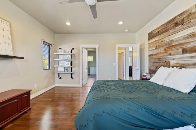 bedroom featuring recessed lighting, baseboards, a ceiling fan, and wood finished floors