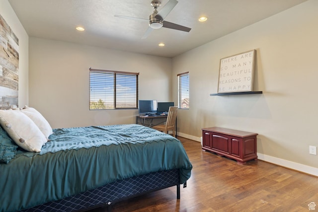 bedroom featuring baseboards, ceiling fan, recessed lighting, and wood finished floors