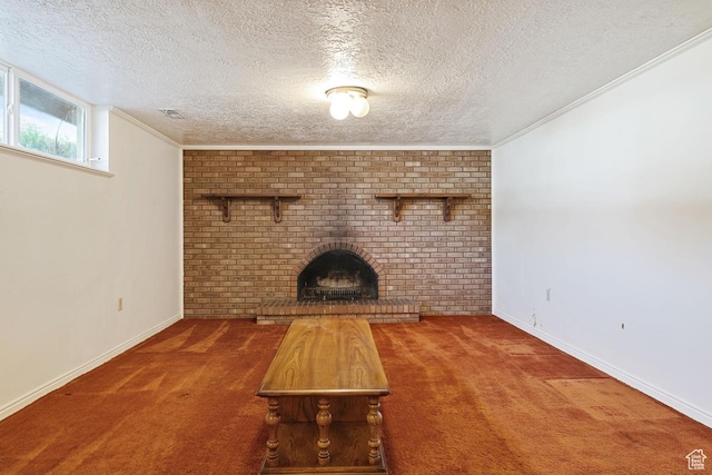 344 E 900 N, Pleasant Grove, UT 84062 - unfurnished living room with carpet floors, a textured ceiling, and a brick fireplace