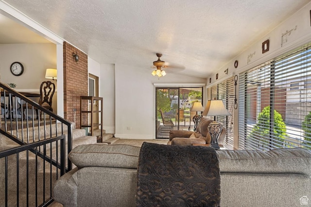 344 E 900 N, Pleasant Grove, UT 84062 - living area with stairway, baseboards, a ceiling fan, and a textured ceiling