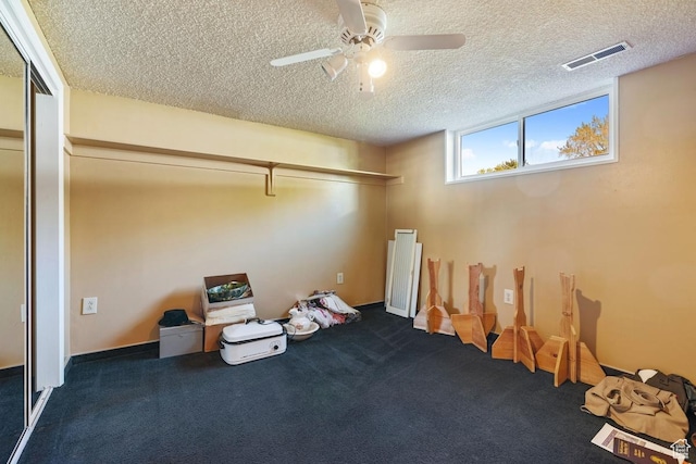 344 E 900 N, Pleasant Grove, UT 84062 - below grade area featuring visible vents, a textured ceiling, dark carpet, and ceiling fan